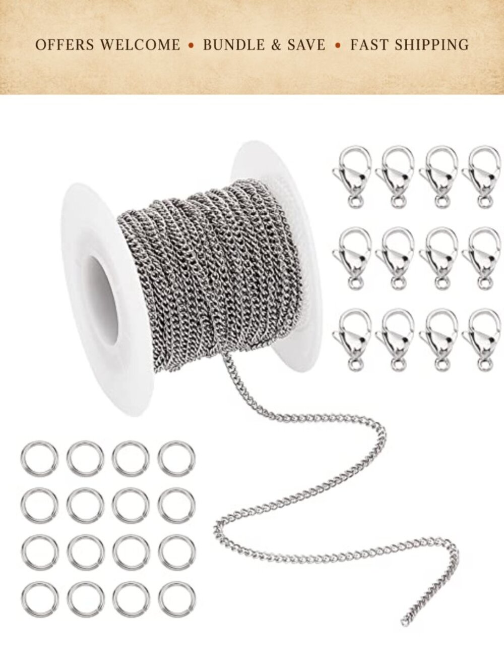 Stainless Steel Curb Chain 10m 2mm with 20 Lobster Clasps 30 Jump Rings Jewelry